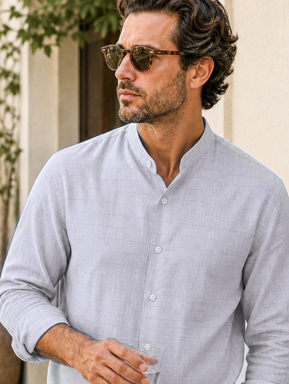Ermenegildo Zegna Band Collar Shirt 43/17 Light Blue Grid Quiet Luxury